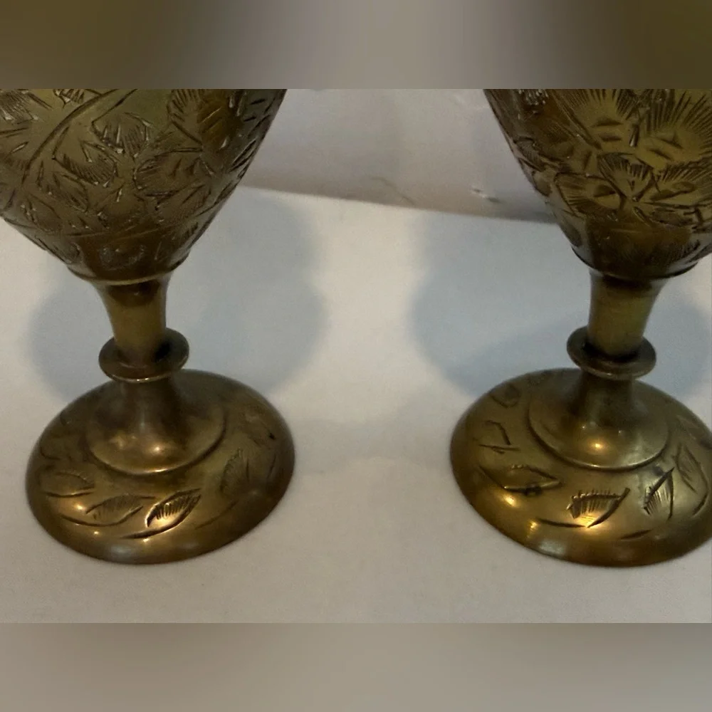 Vintage Pair of 2 Solid Brass Etched Floral Scalloped Vases signed Made in India